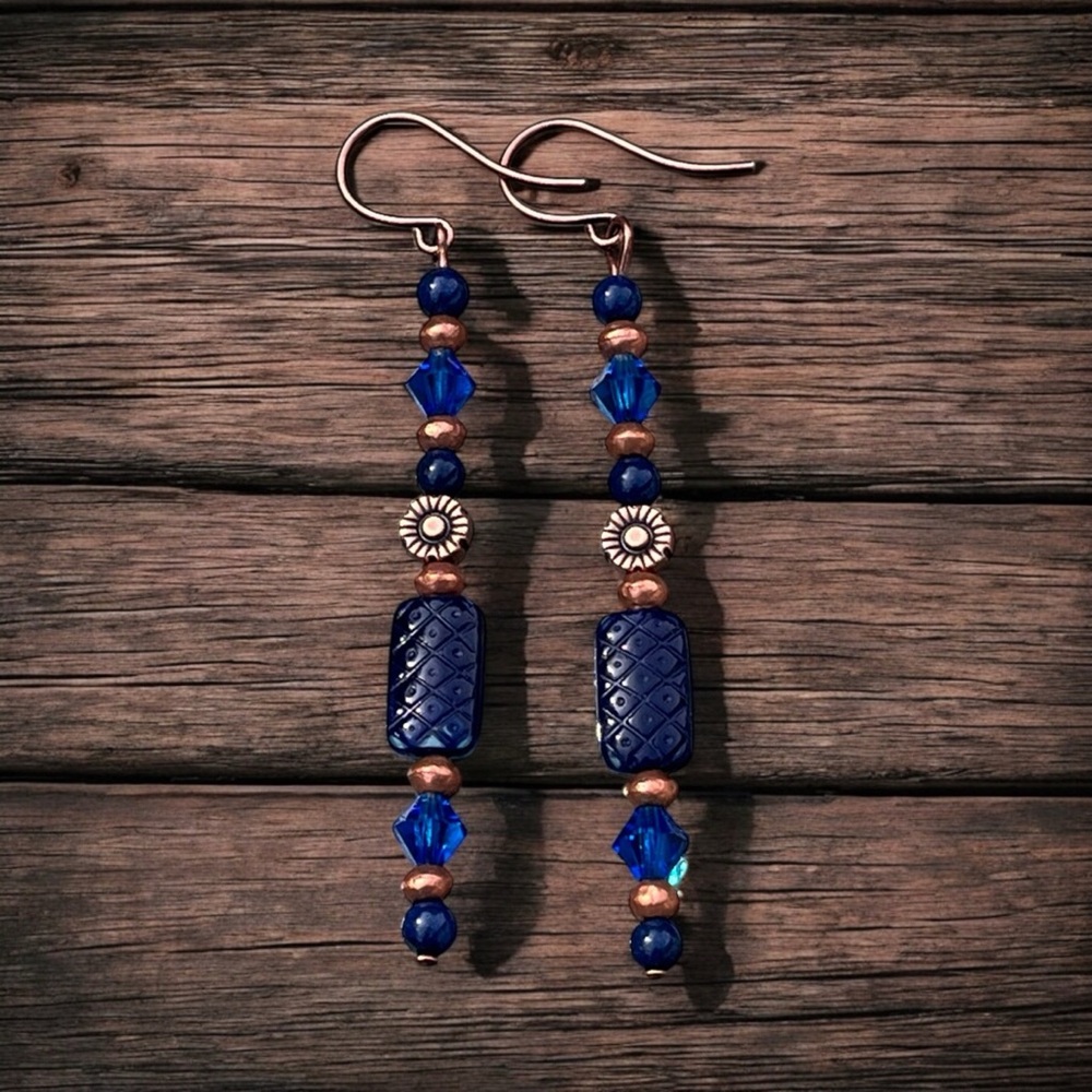 Handcrafted Blue and Copper Beaded Earrings - Picture 3 of 11